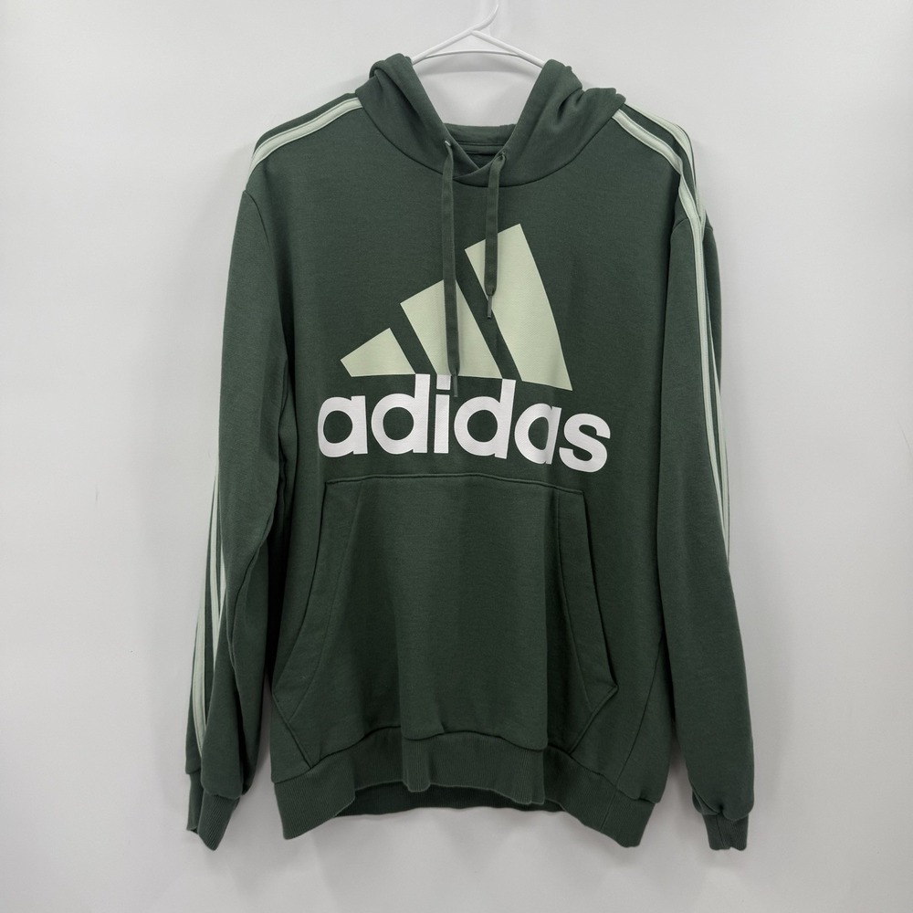 Adidas Large Hoodie Mens Green 3-Stripe Logo Pullover Sweatshirt